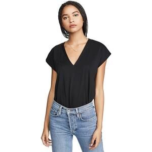 Frame Womens Le Mid Rise V Tee XS Black Cap Sleeve V-Neck Pullover Top Pima